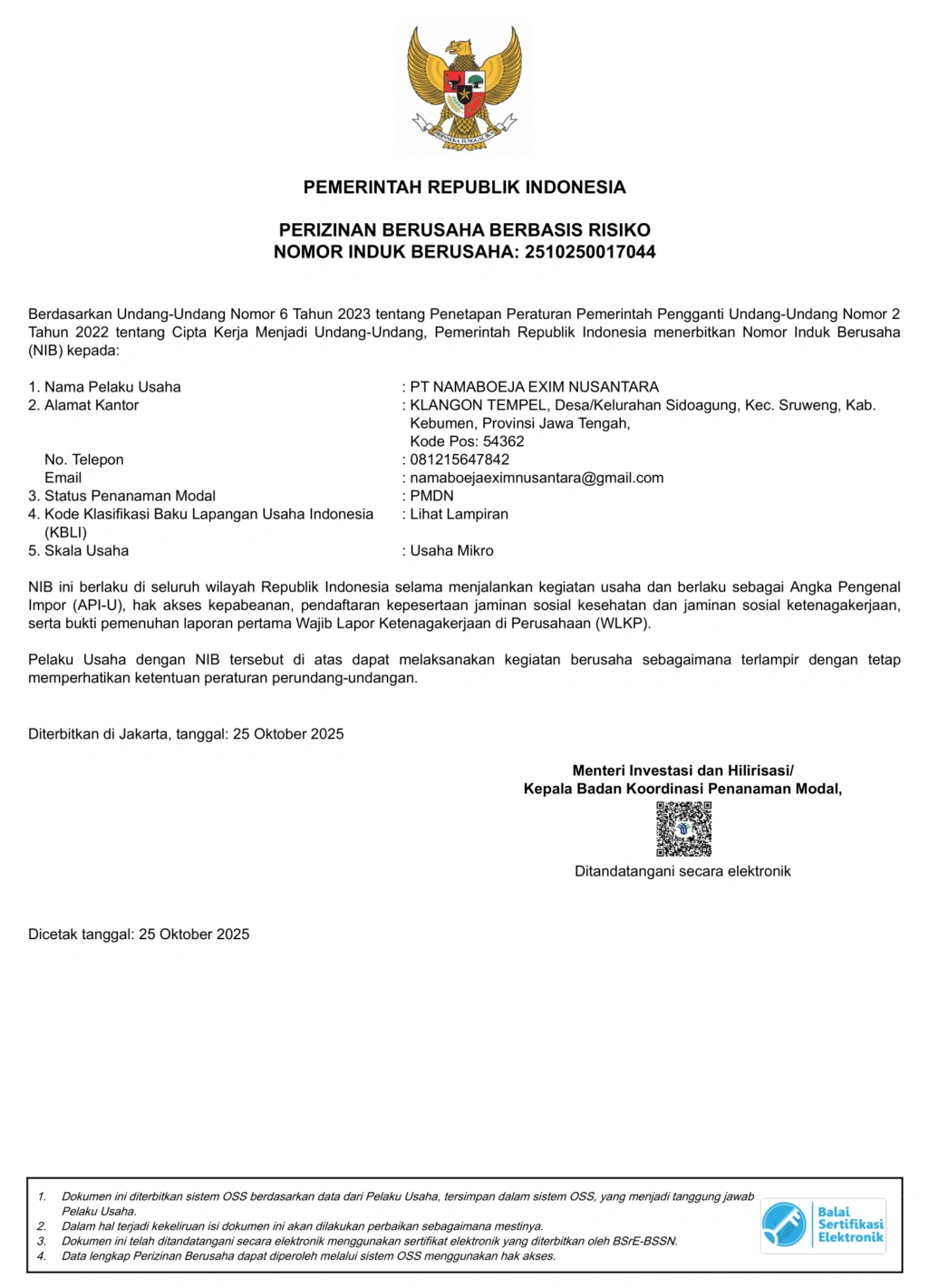Business Identification Number document PT Namaboeja Exim Nusantara page 1